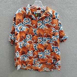 Roundy Bay Men Button Up Shirt Large Orange Floral‎ Hawaiian Short Sleeve Collar